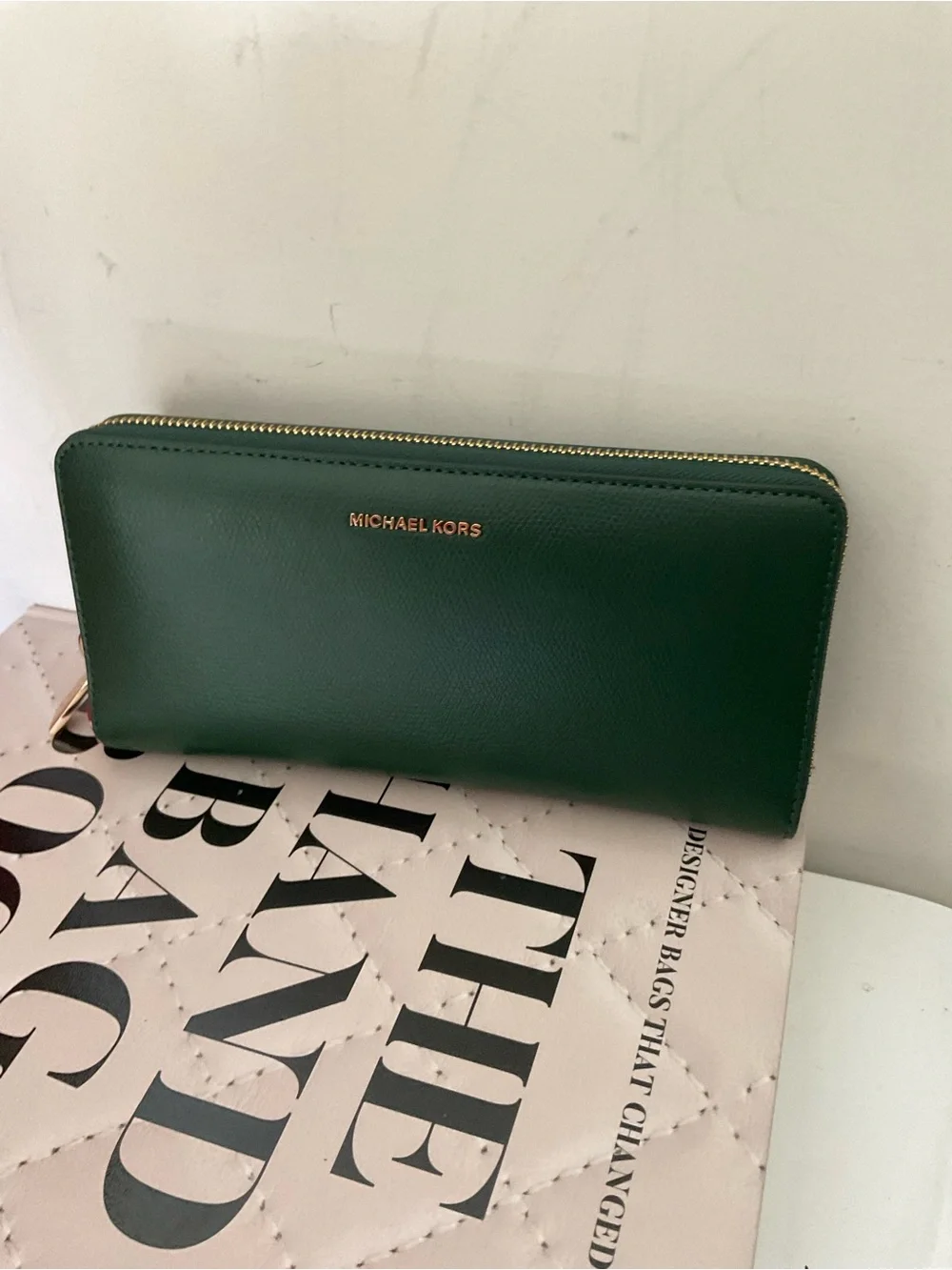 MICHAEL Michael Kors Dark Green Zip-Around Leather Wallet with Gold Hardware NWT